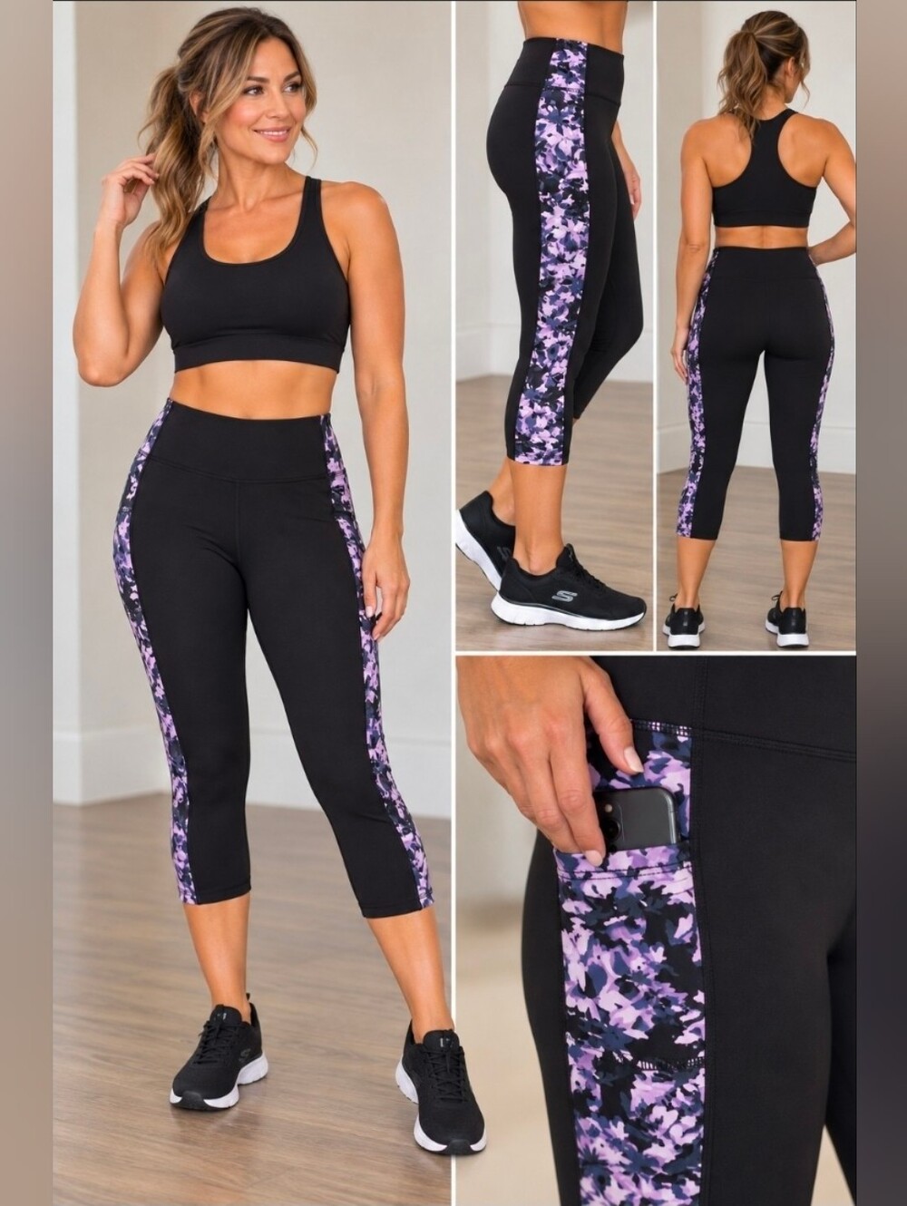 Skechers Black Leggings with Lavender Floral Side Pockets
